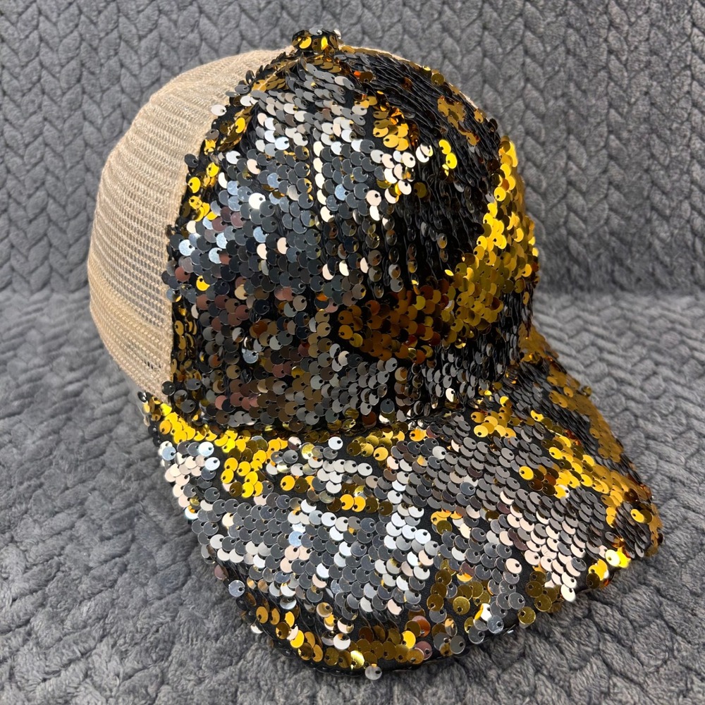 Gold Silver Sequin Womens Tan Unbranded Trucker Hat Snapback Sparkle Bling OSFM